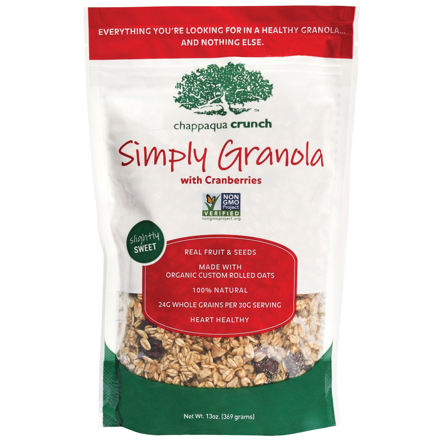 Chappaqua Crunch Simply Granola, Cranberry - Custom Rolled Oats with Sweetened Dried Cranberries - 13oz Pouch (Pack of 6)