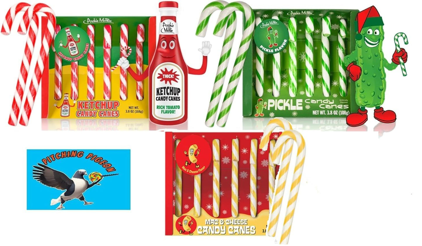Mac & Cheese, Dill Pickle & Ketchup Candy Canes 18ct - Funny Christmas Candy Gift, Weird Flavor Stocking Stuffers, Secret Santa Gag Gift Variety Pack