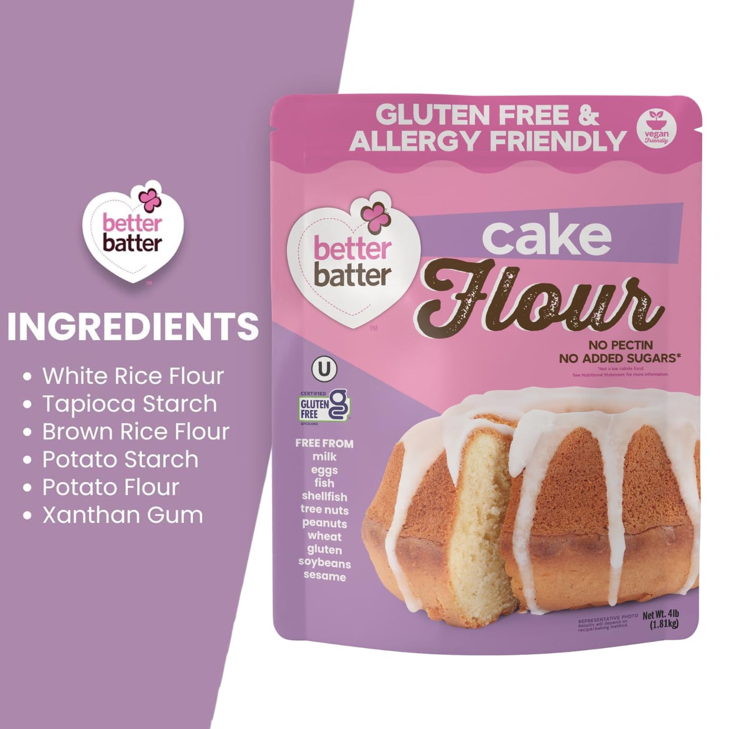 Better Batter Cake Flour - Award Winning Nutritious, Vegan, Allergen Free, Gluten-Free, Carb Rich, & Kosher - Cup for Cup Alternative All-Purpose Baking, Organic, Non-GMO, 4 lb