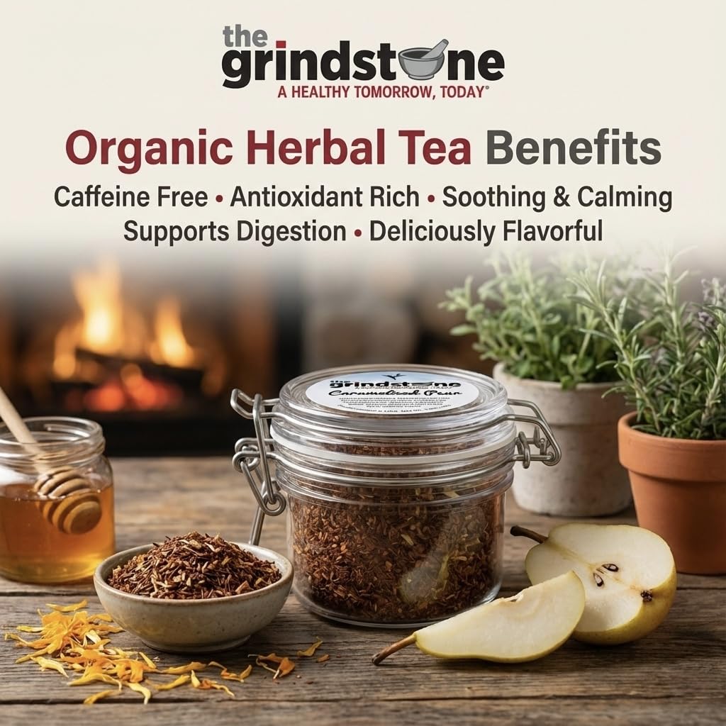 The Grindstone, Organic Caramelized Pear Tea, Fairtrade Certified, Loose leaf Tea, Caffeine Free, PET Snap-on Reusable Kilner Jars, Pack of 2