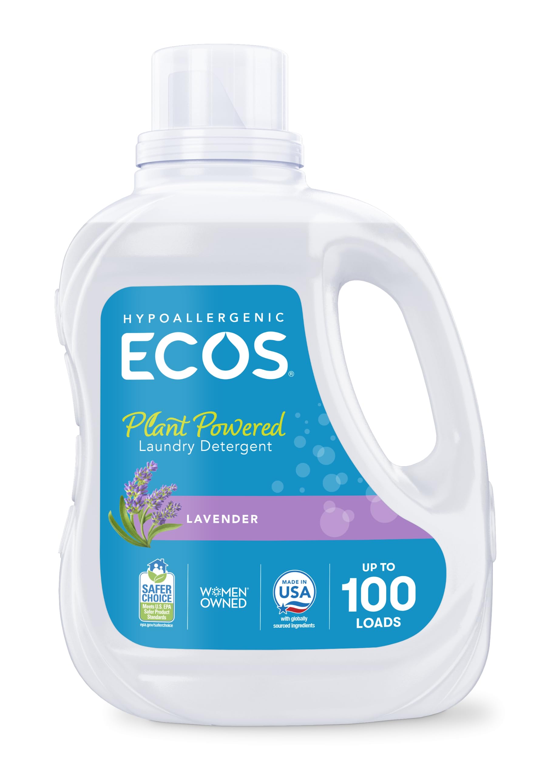 ECOS Laundry Detergent Liquid, 100 Loads - Dermatologist Tested Laundry Soap - Hypoallergenic, EPA Safer Choice Certified, Plant-Powered - Lavender