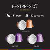Bestpresso Coffee For Nespresso Original Machine 120 Aluminum Pods Certified Genuine Espresso Variety Pack Pods Compatible with Nespresso Original