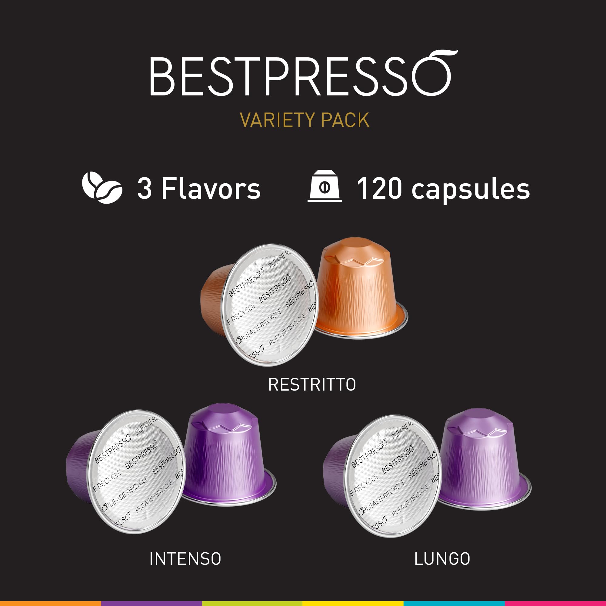 Bestpresso Coffee For Nespresso Original Machine 120 Aluminum Pods Certified Genuine Espresso Variety Pack Pods Compatible with Nespresso Original