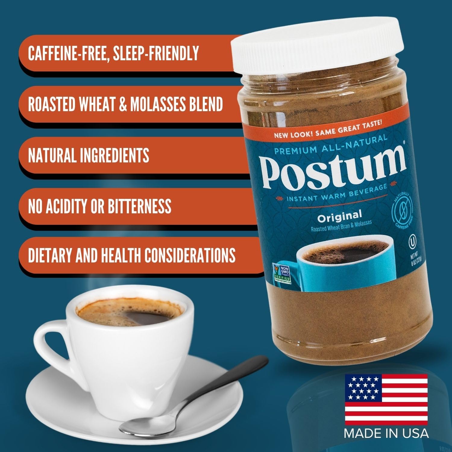 Postum Coffee Substitute Original (6x8oz) | Coffee Alternative Caffeine Free with Roasted Wheat Bran & Molasses | Natural, Non-GMO, Vegan Coffee