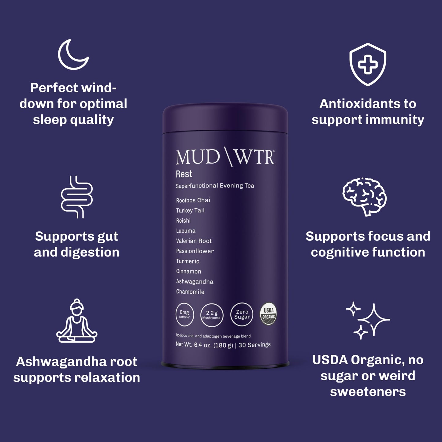 MUD\WTR Rest Evening Mushroom Blend Powder | 2,240mg Adaptogenic Mushroom Tea | Sleep Support, Wind Down & Relaxation Tea | USDA Organic & Vegan |