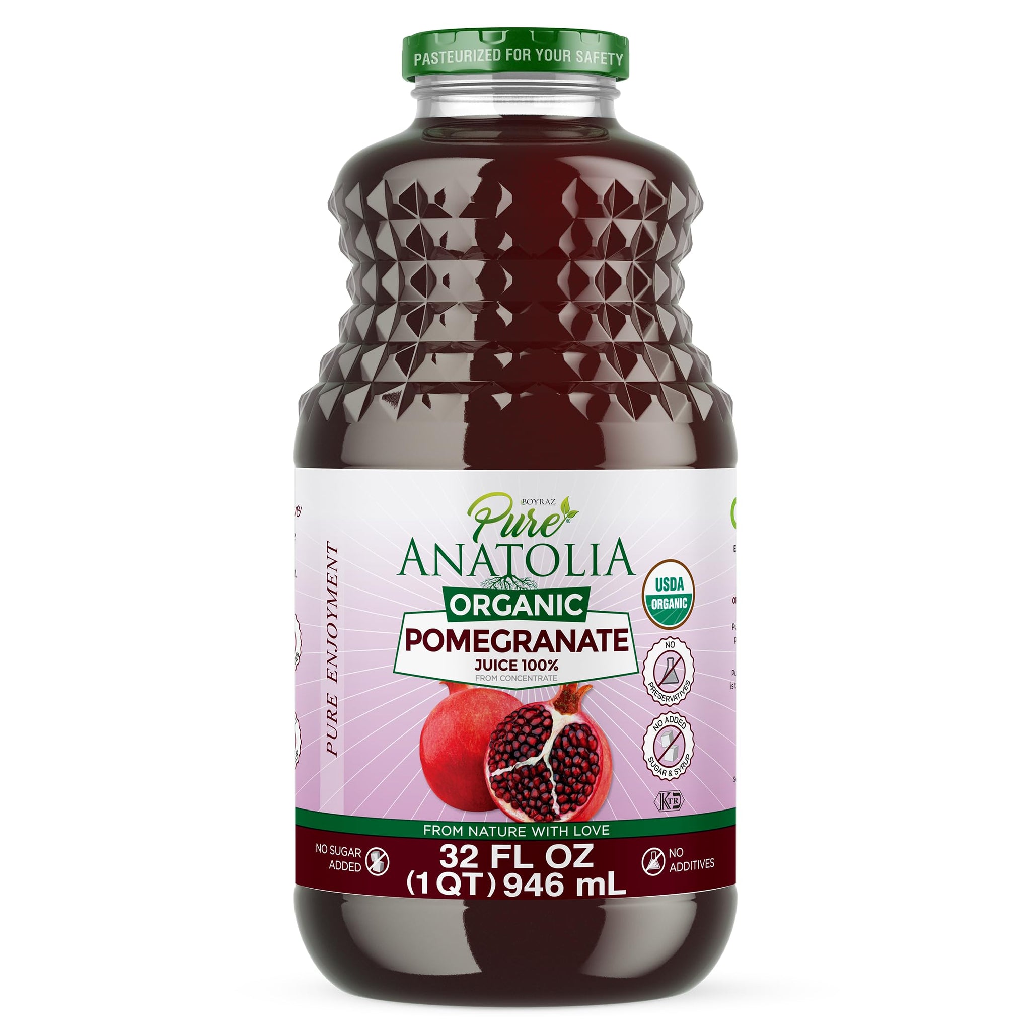 Pure Anatolia Organic Pomegranate Juice 32 fl oz - 100% Pure Juice from Pomegranate Fruit - No Sugar Added, Unsweetened, Non GMO, Vegan, Gluten Free