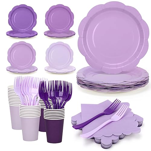 CENLBJ Purple Plates and Napkins Party Supplies, 9’’ Pastel Purple Disposable Paper Plates and Cups and Napkins Set for Baby Shower, Birthday, Wedding