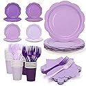 CENLBJ Purple Plates and Napkins Party Supplies, 9’’ Pastel Purple Disposable Paper Plates and Cups and Napkins Set for Baby Shower, Birthday, Wedding