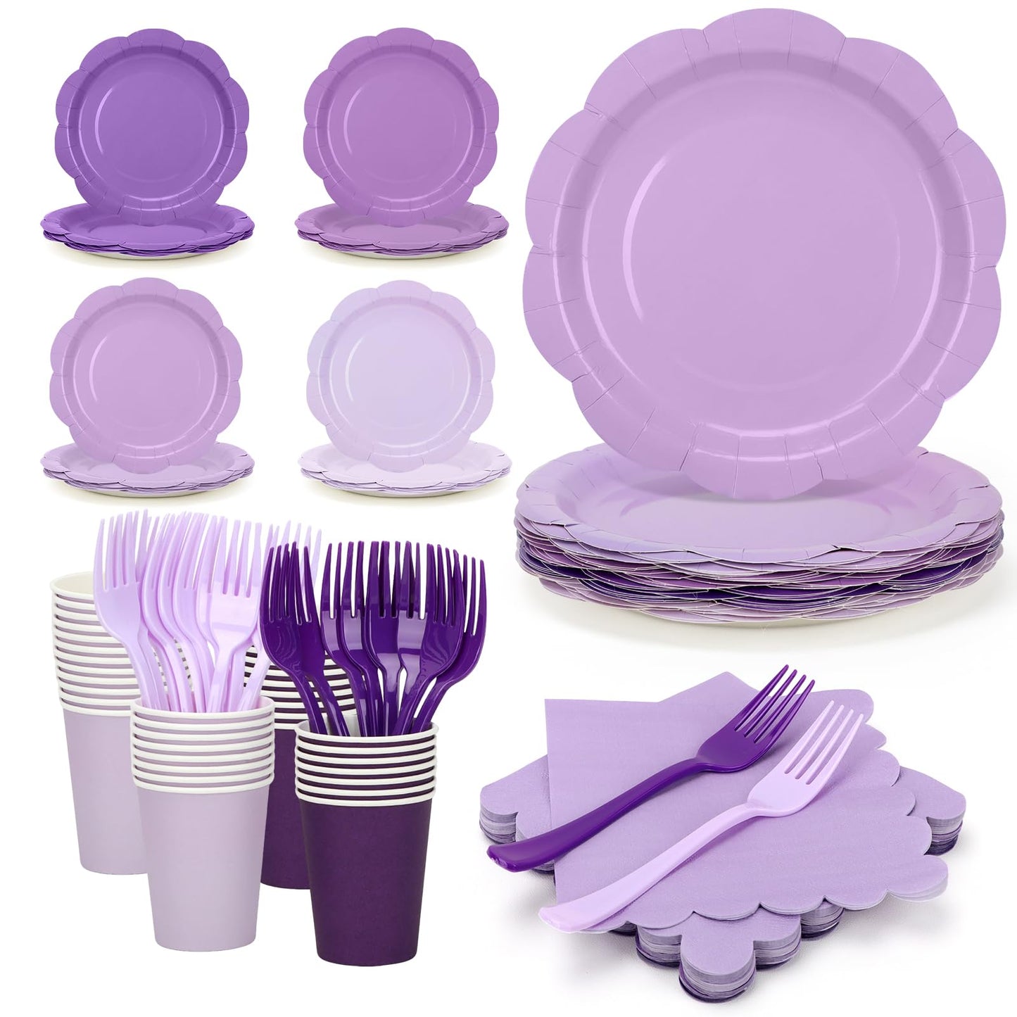 CENLBJ Purple Plates and Napkins Party Supplies, 9’’ Pastel Purple Disposable Paper Plates and Cups and Napkins Set for Baby Shower, Birthday, Wedding