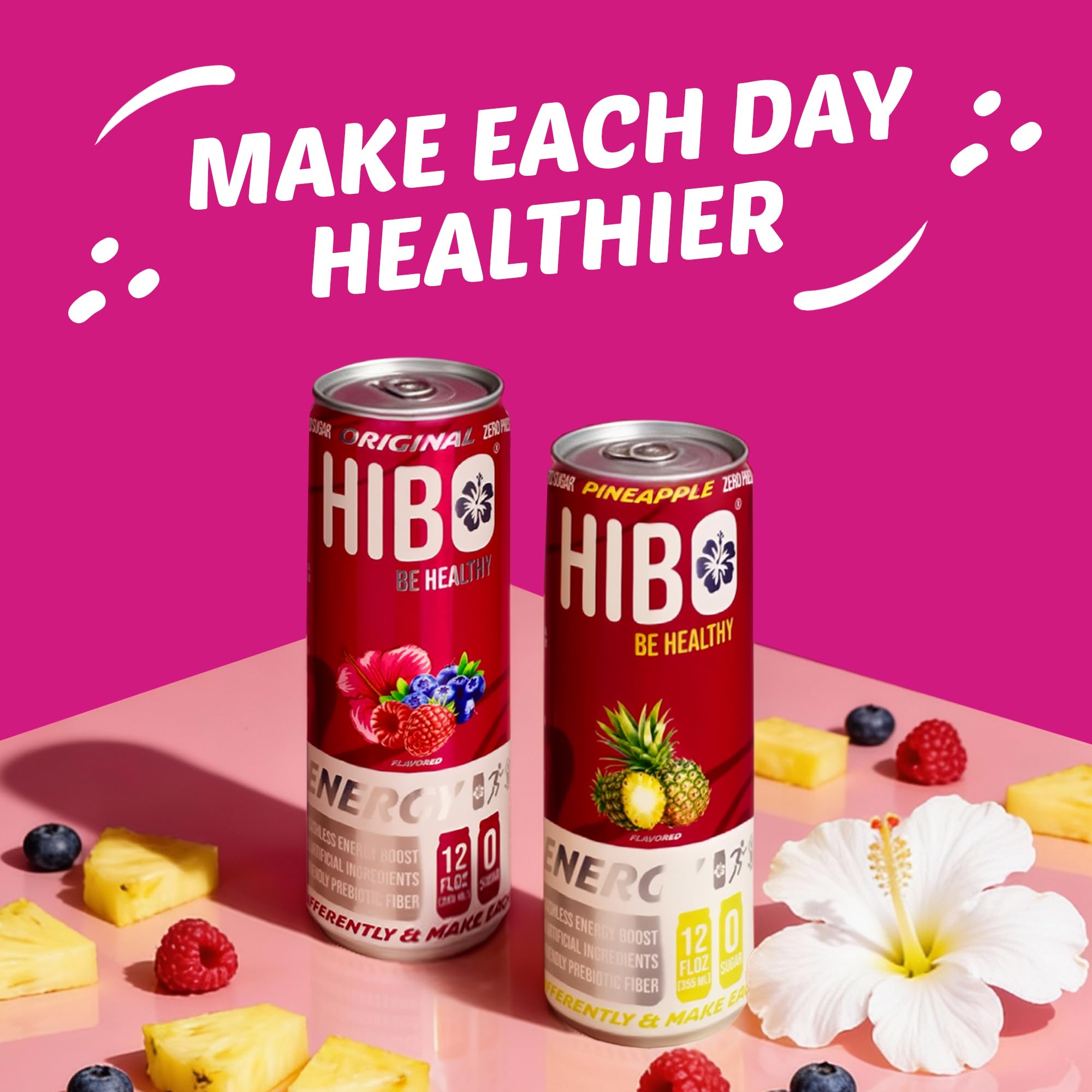 HIBO Healthy Energy Drinks Sugar Free - Gluten-Free & Gut-Friendly Prebiotic Fiber w/140mg Caffeine & 60mg Green Coffee Extract, Electrolytes