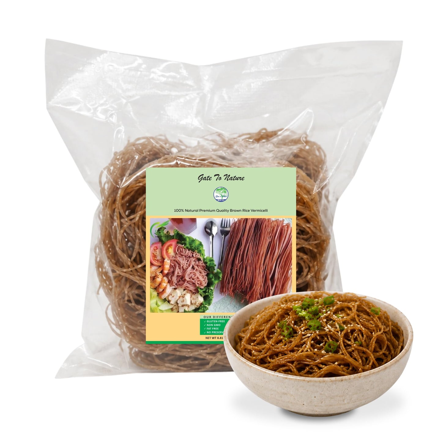 Gate to Nature Brown Rice Vermicelli, Gluten-Free Brown Noodles, Vegan 8.8oz, Natural Freshly Made Product like our Green Tea, Brown Rice Paper