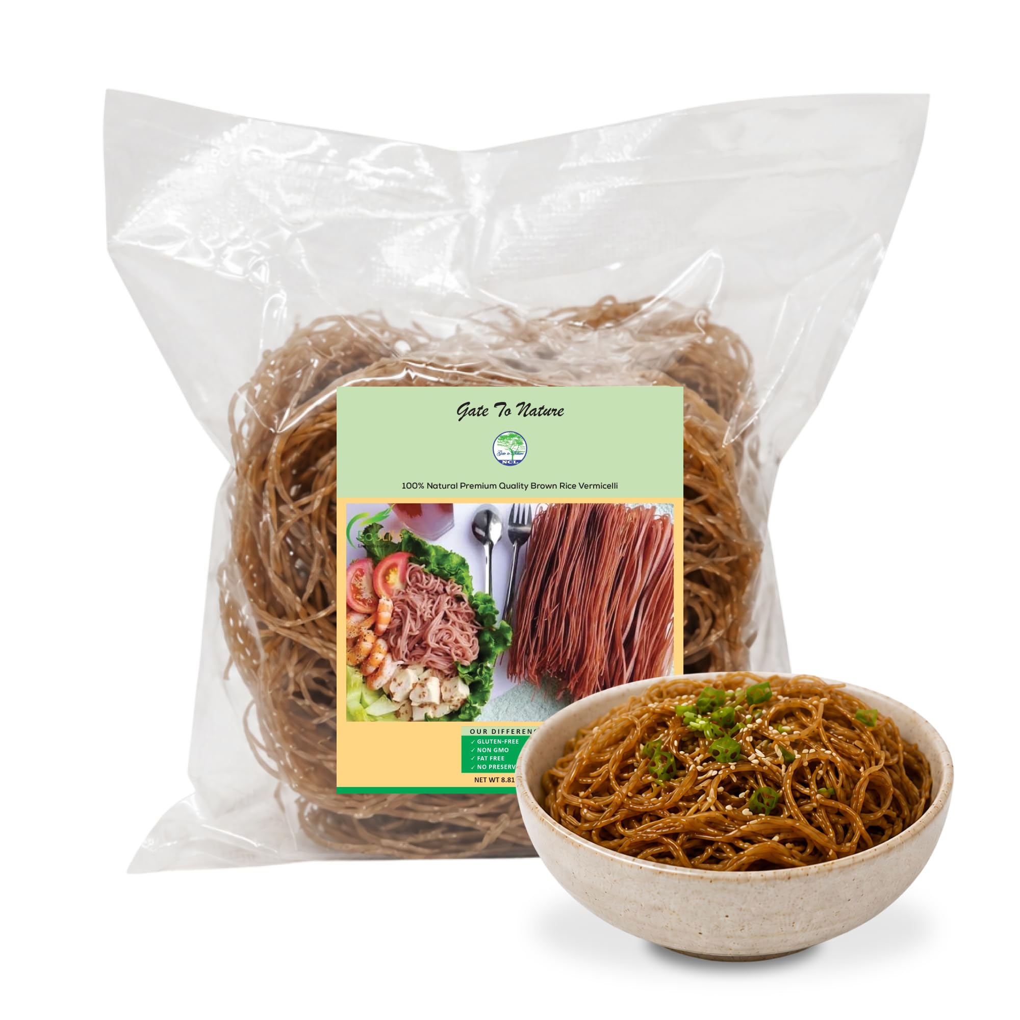 Gate to Nature Brown Rice Vermicelli, Gluten-Free Brown Noodles, Vegan 8.8oz, Natural Freshly Made Product like our Green Tea, Brown Rice Paper