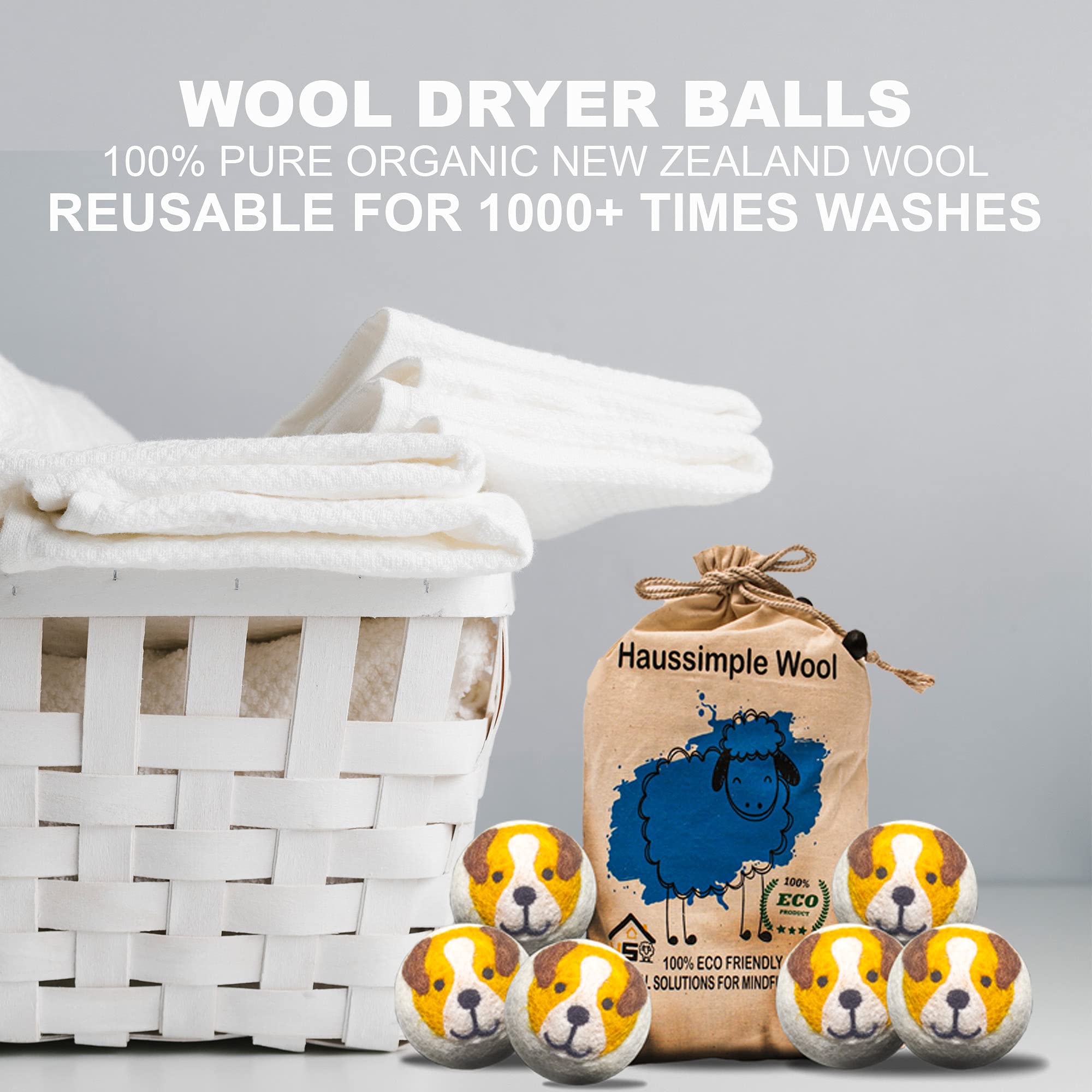 Wool Dryer Balls Organic Felt Laundry Fabric Softener XL Reusable Handmade Natural New Zealand Sheep Wool Lint Wrinkle Free Anti Static Clothes 6-Pack