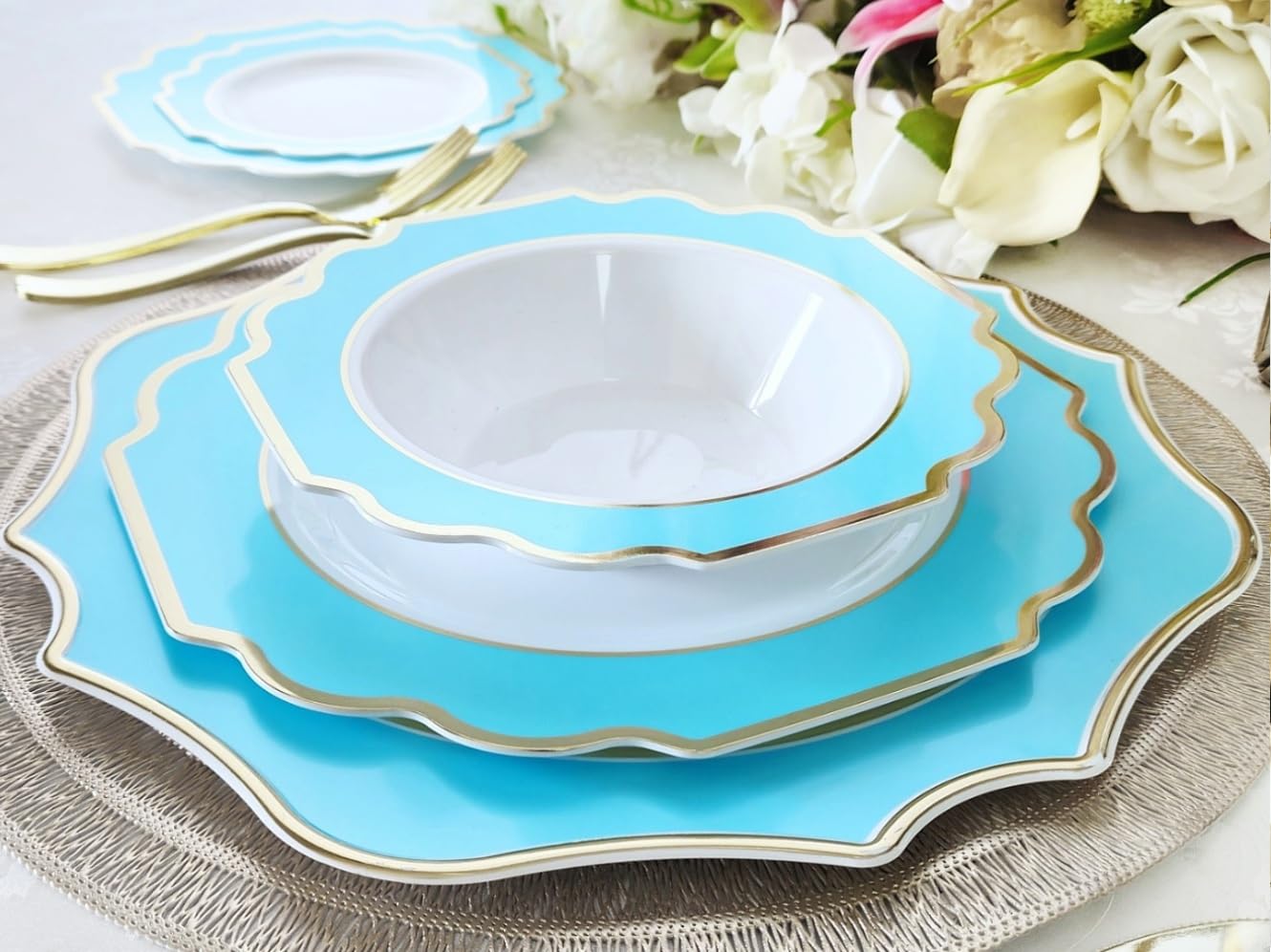 " OCCASIONS " 40 Plates Pack, Heavyweight Disposable Wedding Party Plastic Plates (10.5'' Dinner Plate, Imperial Aqua & Gold)