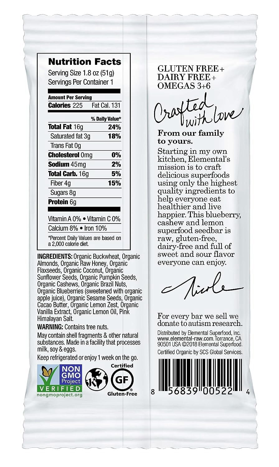 Elemental Superfood Seedbars, Blueberry Cashew Lemon, 1.8 Ounce - 12 Pack, 100% Certified Organic, Non-GMO Verified, Gluten Free, Dairy Free, Plant