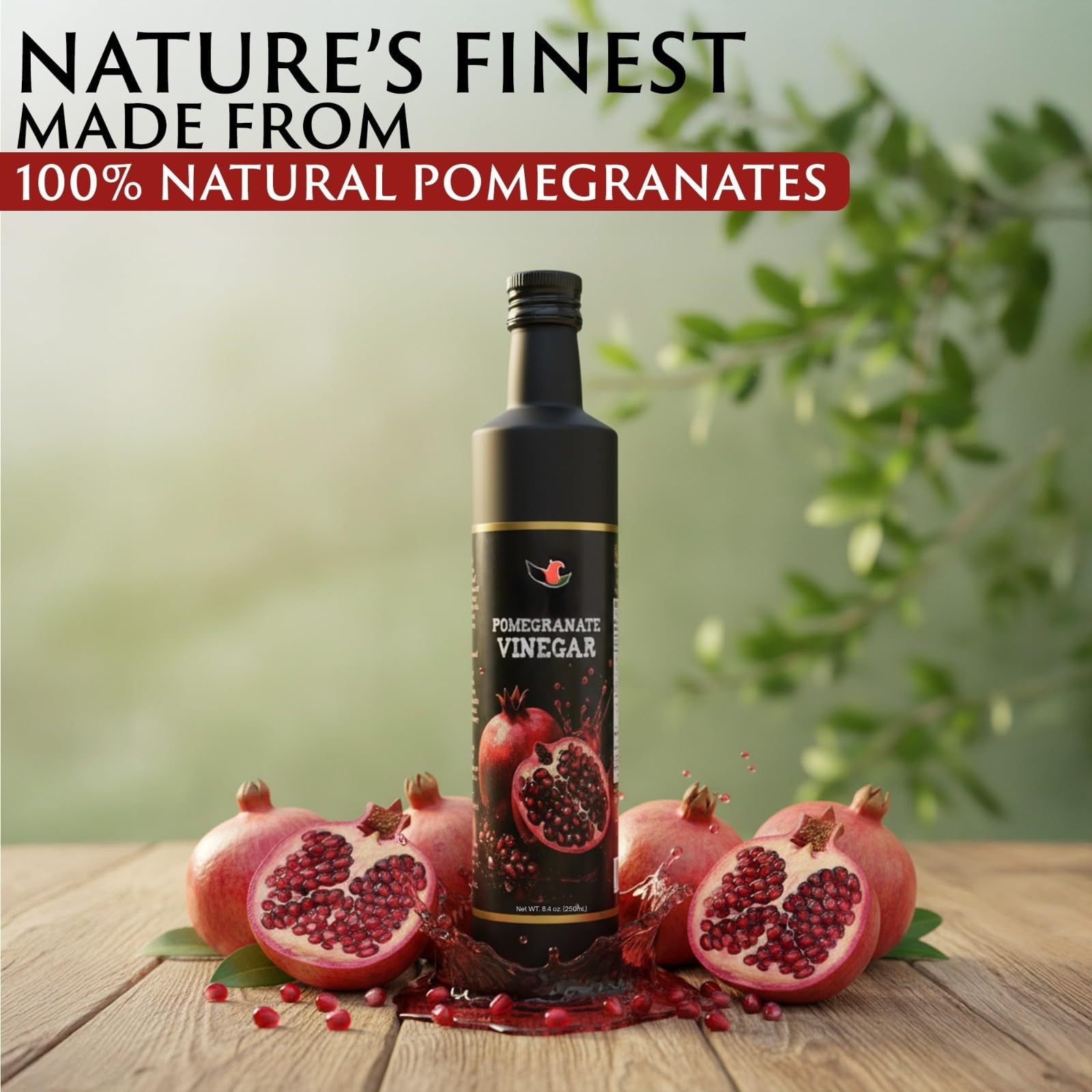 HOMA Pomegranate Vinegar - Gourmet Salad Vinegar for Cooking, Natural Tangy Culinary Flavor, Premium Glass Bottle, 8.4 Fl Oz (250ml), Inspired by Classic Balsamic vinegar