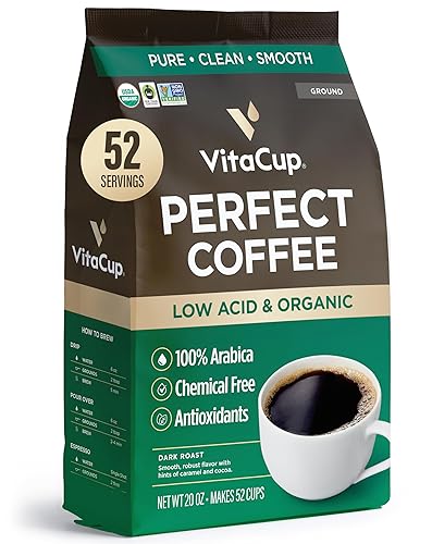 VitaCup Perfect Low Acid Coffee Ground, USDA Organic & Fair Trade, Mycotoxin Free, Dark Roast Guatemala Single Origin, Clean & Pure, 20 ounces, 52