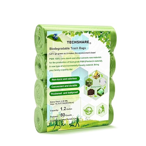TECHSHARE 1.2 Gallon Biodegradable Trash Bags, 80 Count, Compostable Garbage Bags, 1.5 Gallon Capacity, Green