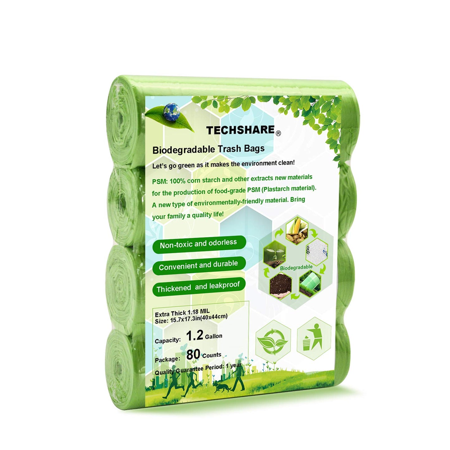 TECHSHARE 1.2 Gallon Biodegradable Trash Bags, 80 Count, Compostable Garbage Bags, 1.5 Gallon Capacity, Green