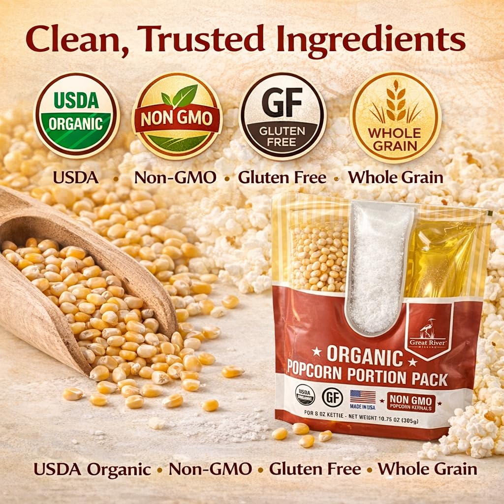 Great River Milling Organic Popcorn Portion Pack, 8 oz Pre-Measured Bags (24 Count) - Non-GMO, Gluten Free Popcorn Kernels, Made in USA - 8 oz
