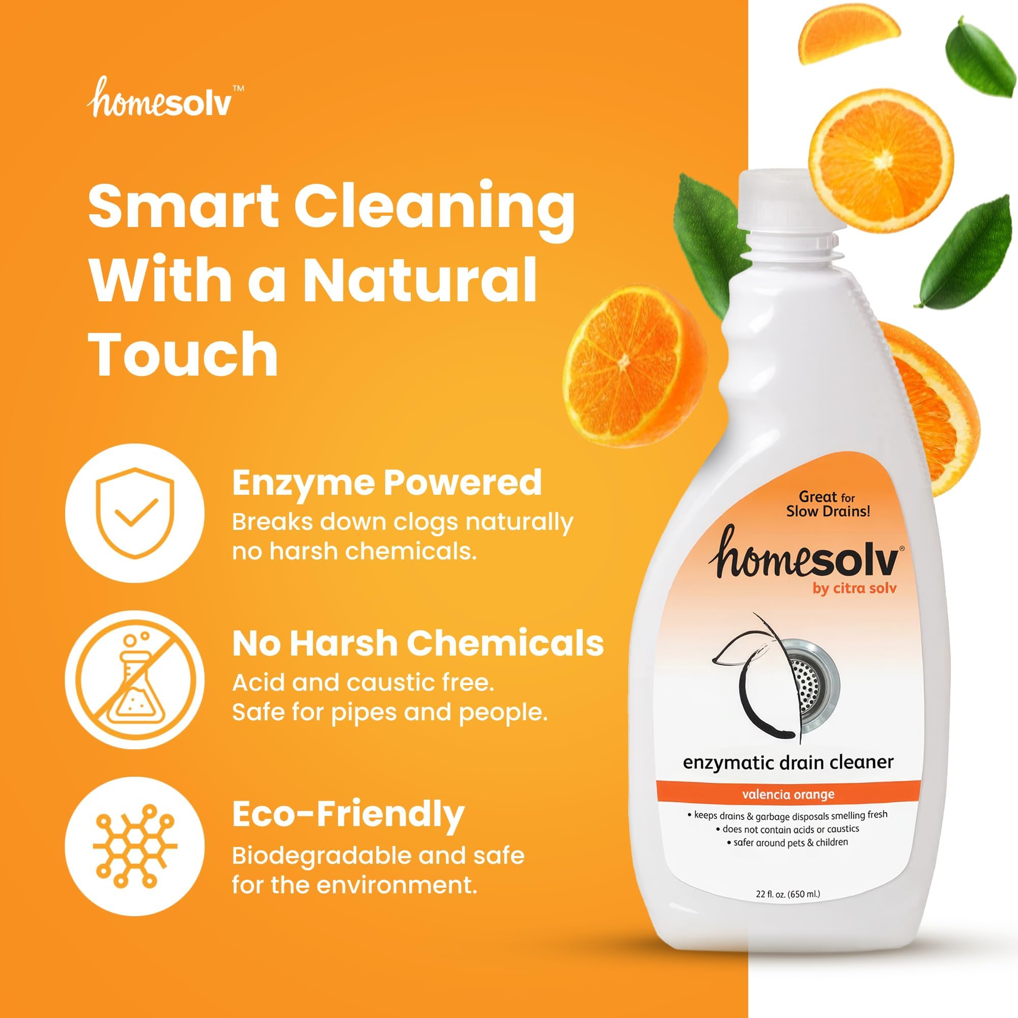 Homesolv Enzyme Drain Cleaner & Build Up Remover (Citra Drain), Valencia Orange, 22 Fluid Ounces