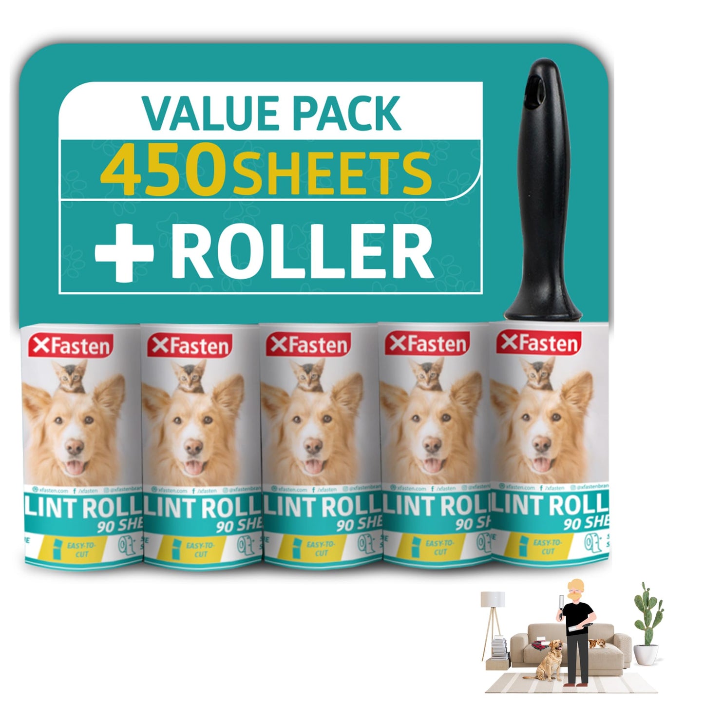 Pet Hair Lint Roller, 450 Sheets Furniture Lint Rollers for Pet Hair, 1 Heavy Duty Lint Roller for Clothes + 5 Sticky Lint Rollers Refills - Xfasten