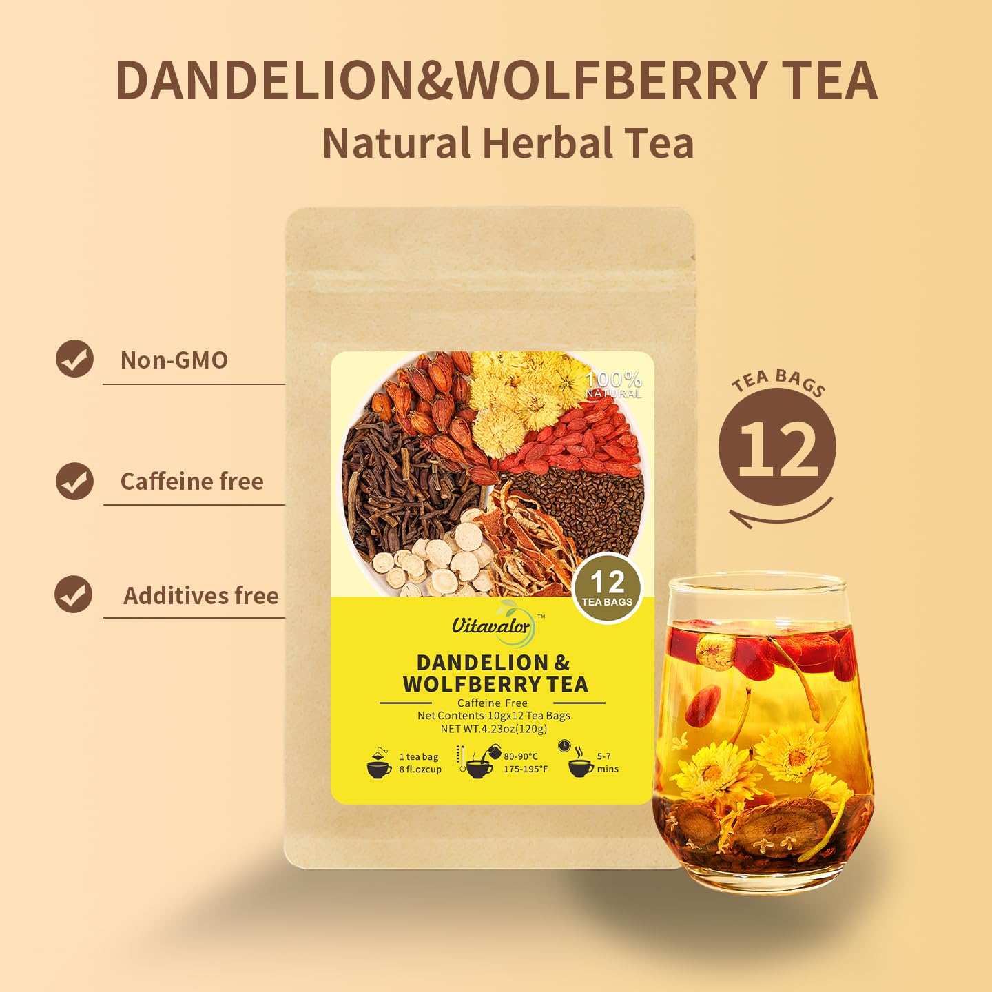Vitavalor Natural Kidney & Liver Health Tea with Dandelion, Chrysanthemum, Wolfberry, Cassia Seed, Orange Peel, Gardenia, and Licorice in Bags?12 Bags