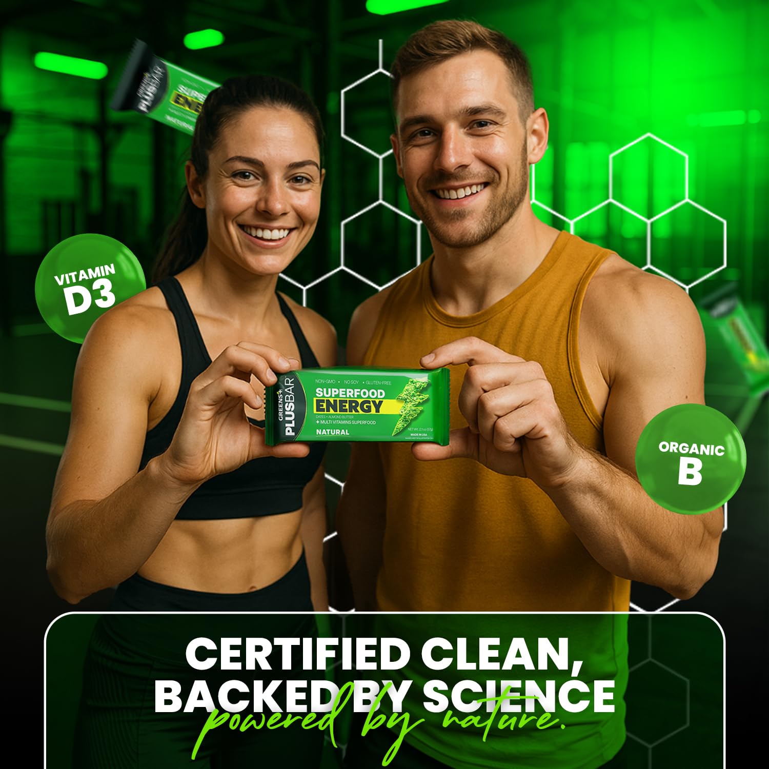 Greens+ Plusbar Energy, Natural, Gluten-Free Snack with Super Greens, Superfoods & Almond Butter, Vegan, Dairy-Free, Non-GMO, 10g Protein Meal