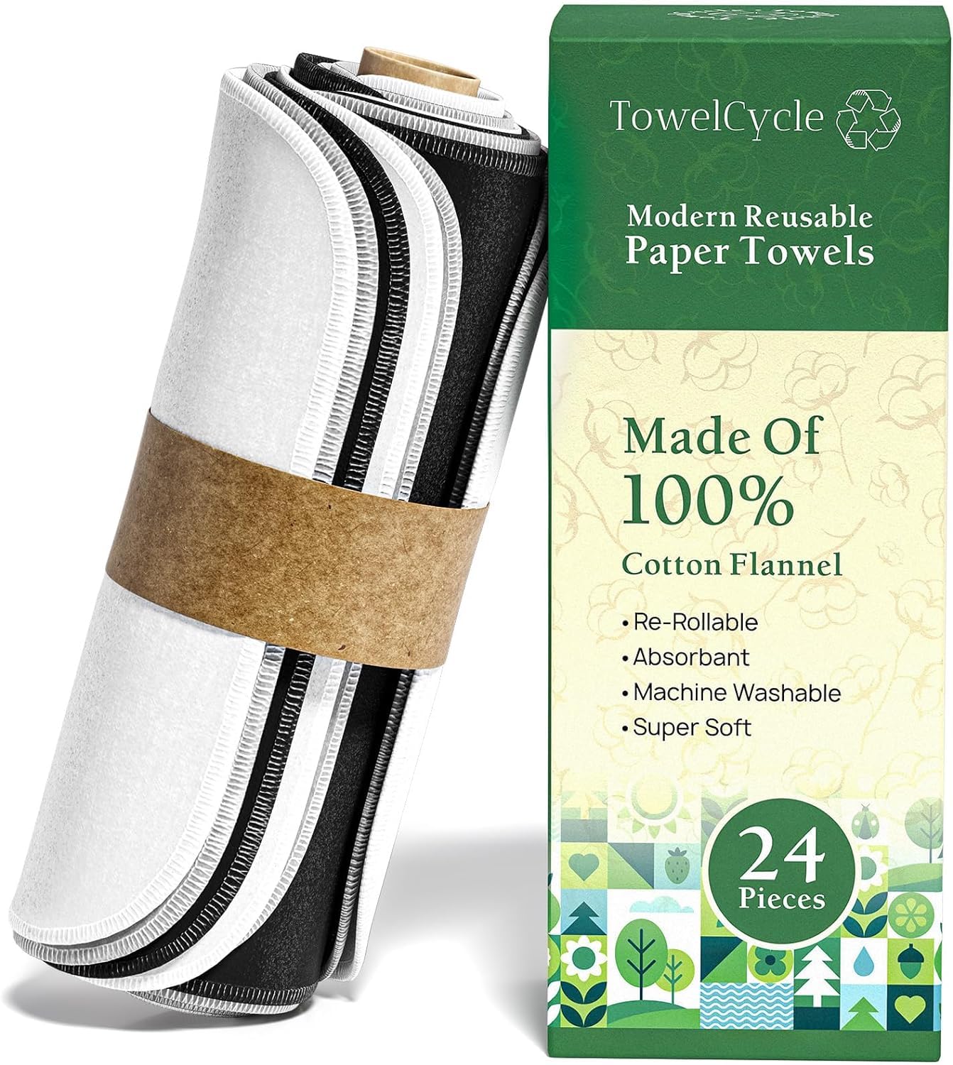 TOWELCYCLE Reusable Paper Towels (24 Pack) - 100% Cotton Hand Towels for Kitchen - Zero Waste Cleaning Cloths - Washable Paper Towels - Reusable