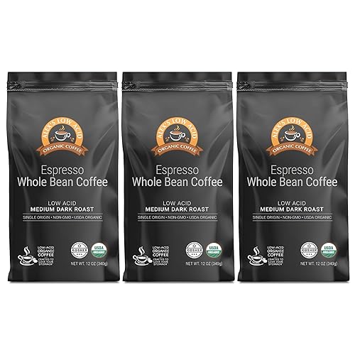 Alex's Low Acid Organic Coffee 12oz Bag - Whole Bean Espresso, Medium Dark Roast (Pack of 3)