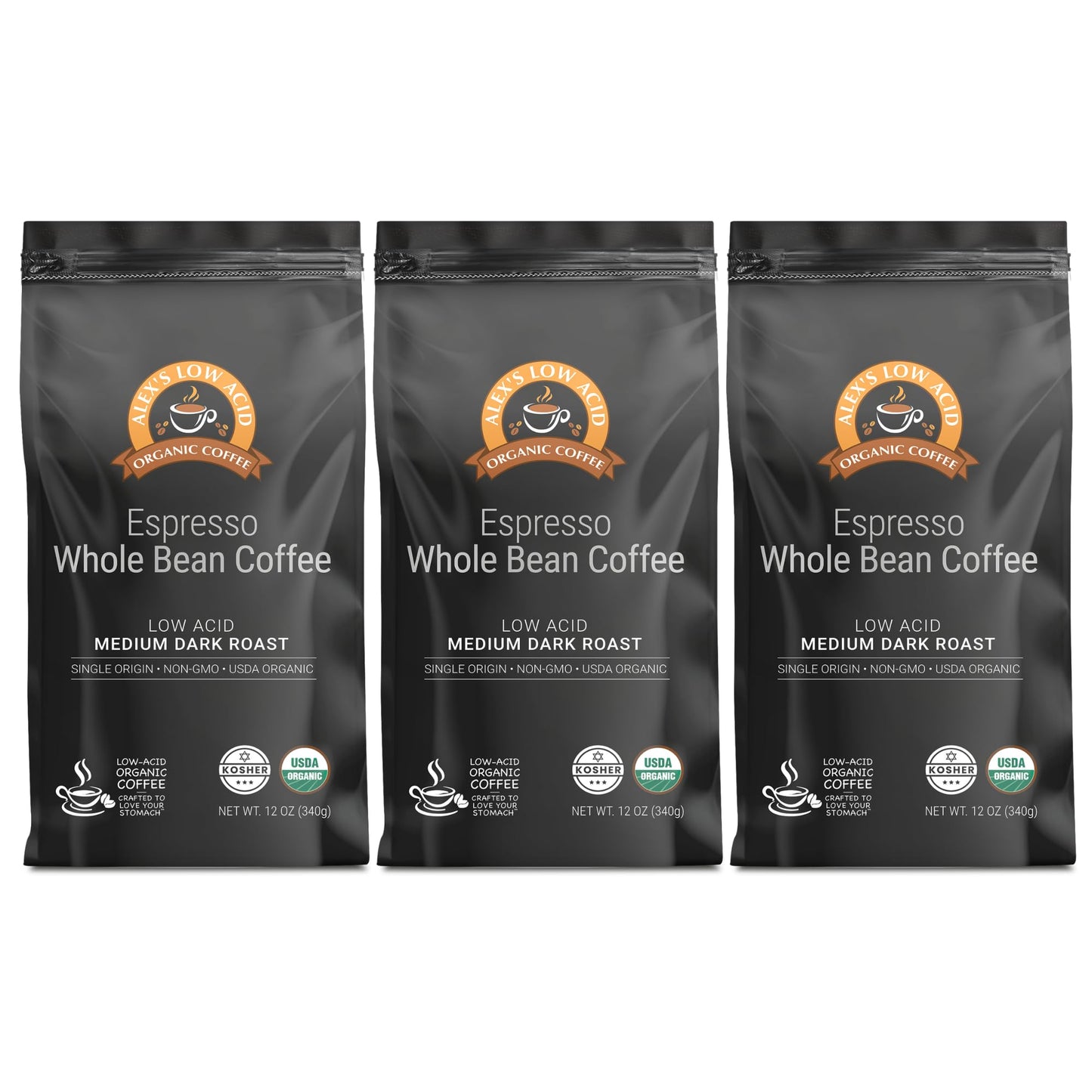 Alex's Low Acid Organic Coffee 12oz Bag - Whole Bean Espresso, Medium Dark Roast (Pack of 3)