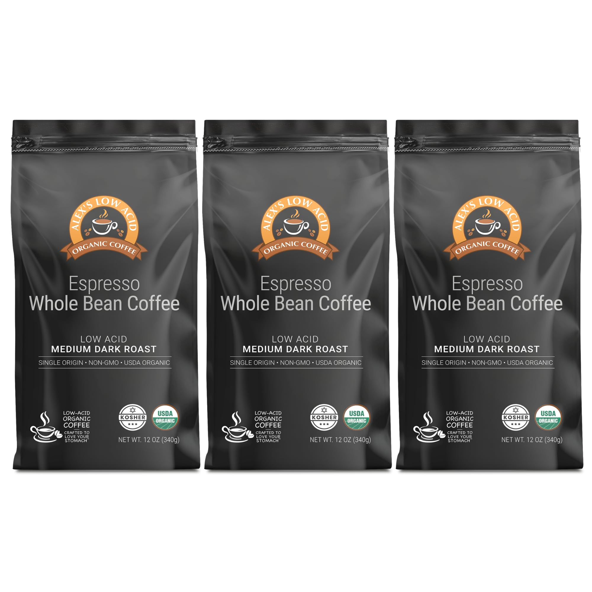 Alex's Low Acid Organic Coffee 12oz Bag - Whole Bean Espresso, Medium Dark Roast (Pack of 3)