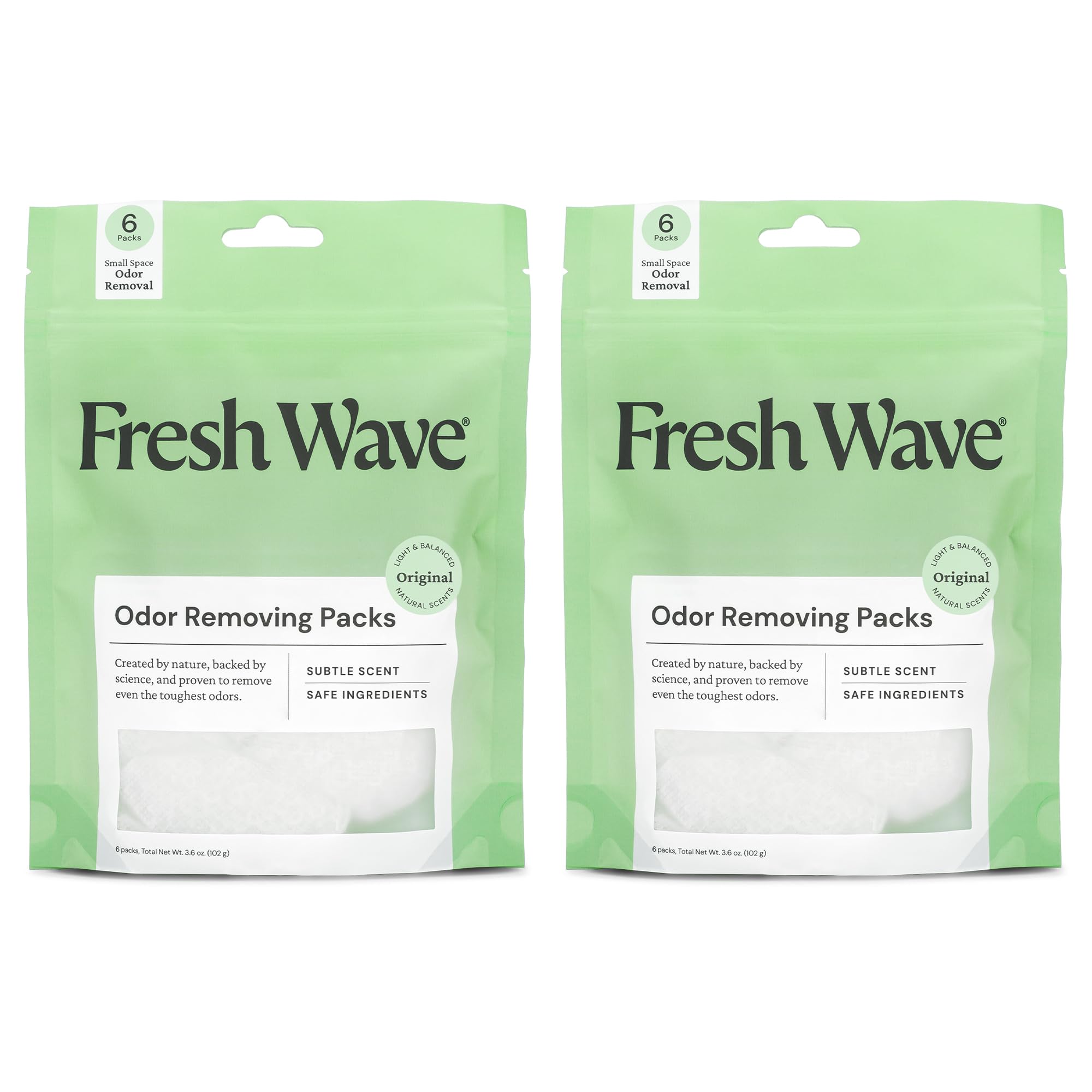 Fresh Wave Odor Eliminating & Deodorizing Packs | 2 Bags of 6 Each | Safer Odor Relief for Small Spaces | Natural Plant-Based Odor Eliminator | Odor