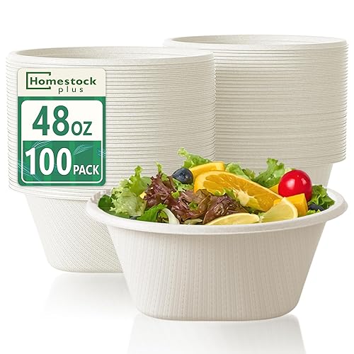 Homestockplus Large Disposable Bowls 48 Oz Heavy Duty Compostable Paper Bowls [100 Pack], Extra Large Catering Bowls for Restaurants, Salad, Buffet