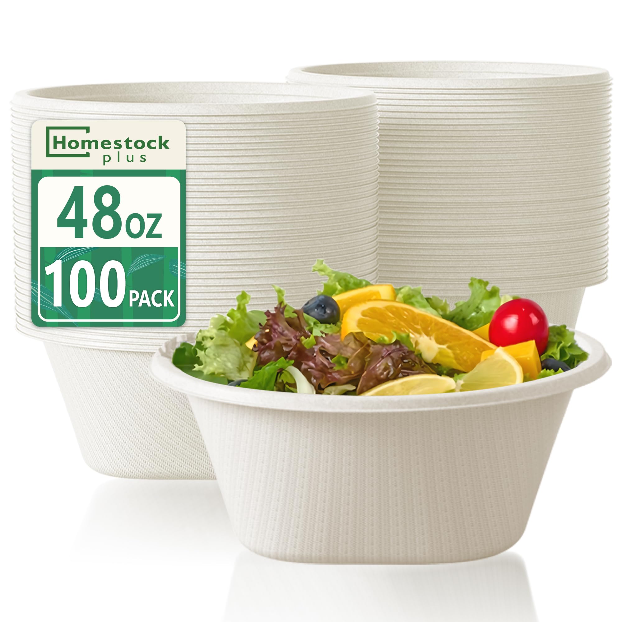 Homestockplus Large Disposable Bowls 48 Oz Heavy Duty Compostable Paper Bowls [100 Pack], Extra Large Catering Bowls for Restaurants, Salad, Buffet