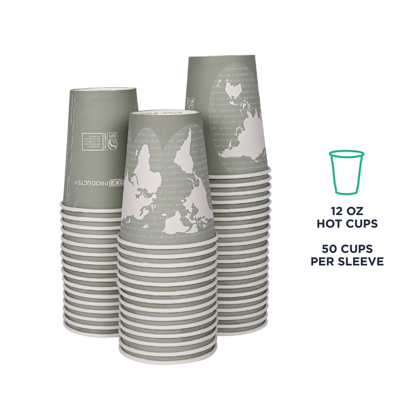 ECO PRODUCTS Compostable Disposable World Art 12oz Large Coffee Cups, Case of 1000, Renewable Hot Paper Cup, Plant Based PLA Lining, Color Coded