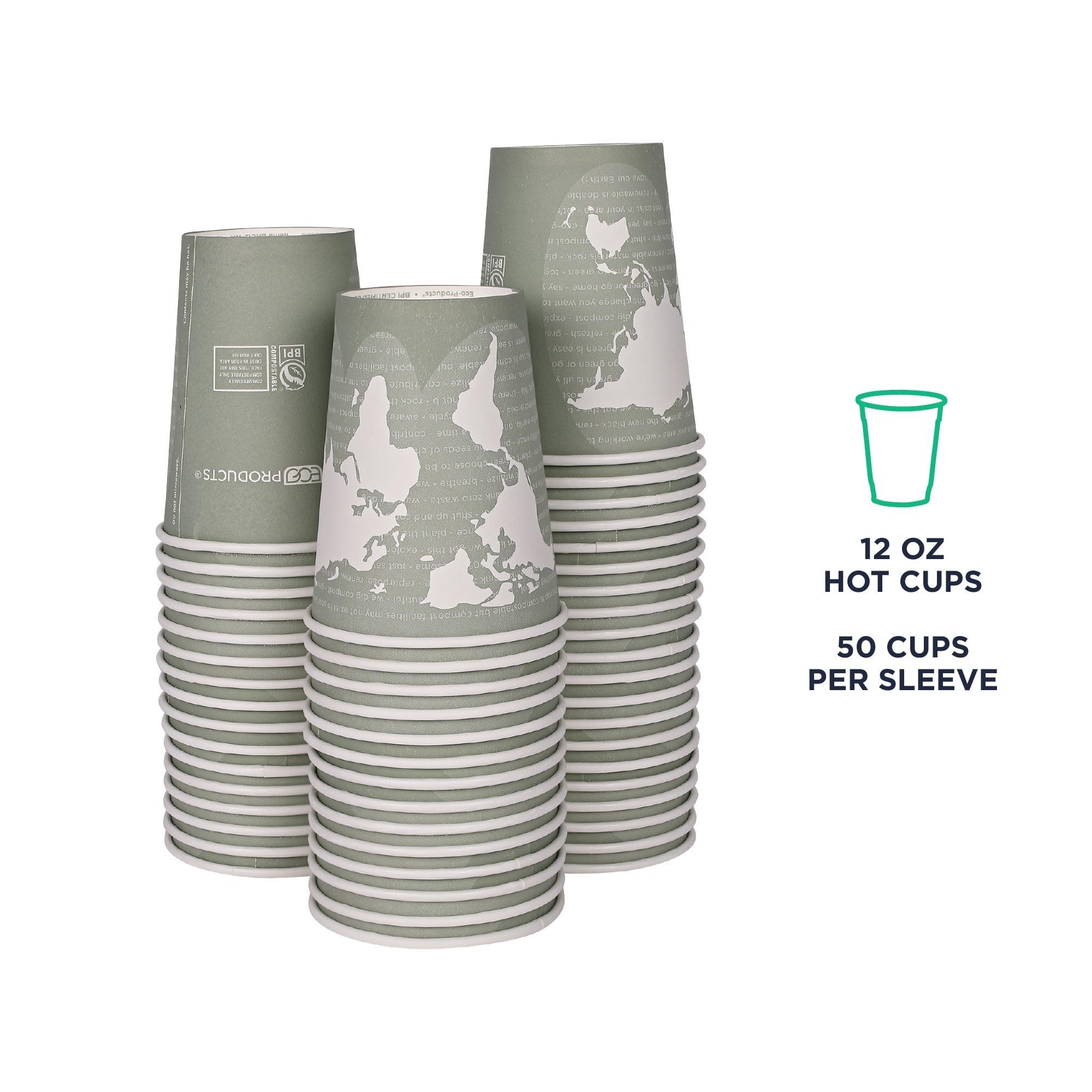 ECO PRODUCTS Compostable Disposable World Art 12oz Large Coffee Cups, Case of 1000, Renewable Hot Paper Cup, Plant Based PLA Lining, Color Coded