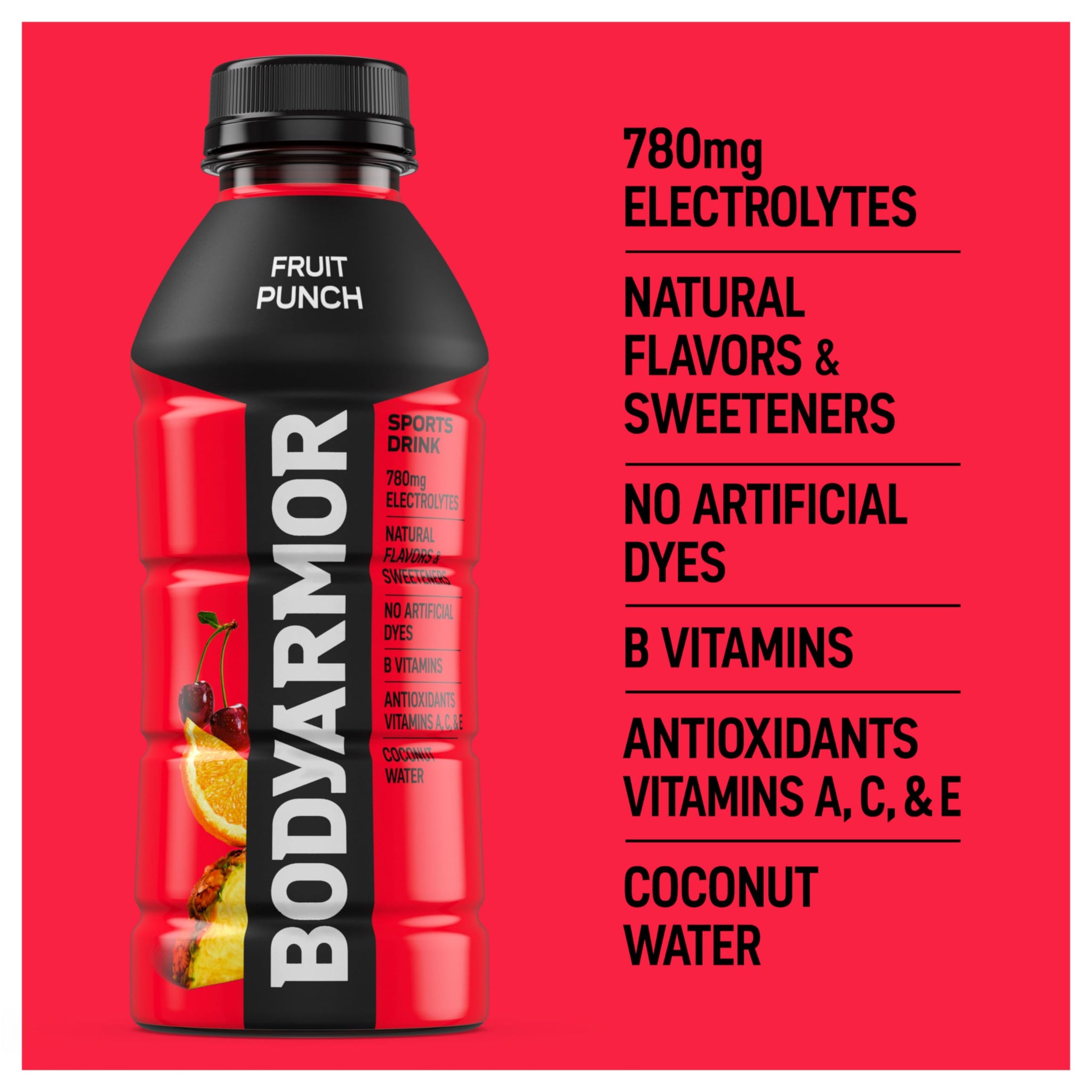 BODYARMOR Sports Drink, Fruit Punch, Electrolyte Drink Hydration, 16 Fl Oz Bottles (12 Pack), Flavored Coconut Water with B Vitamins & Antioxidants