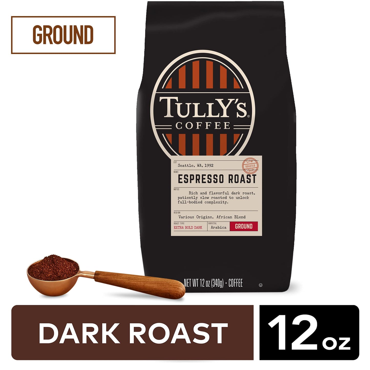 Tully's Coffee Espresso Blend, Ground Dark Roast, 12-Ounce Bags (Pack of 2)