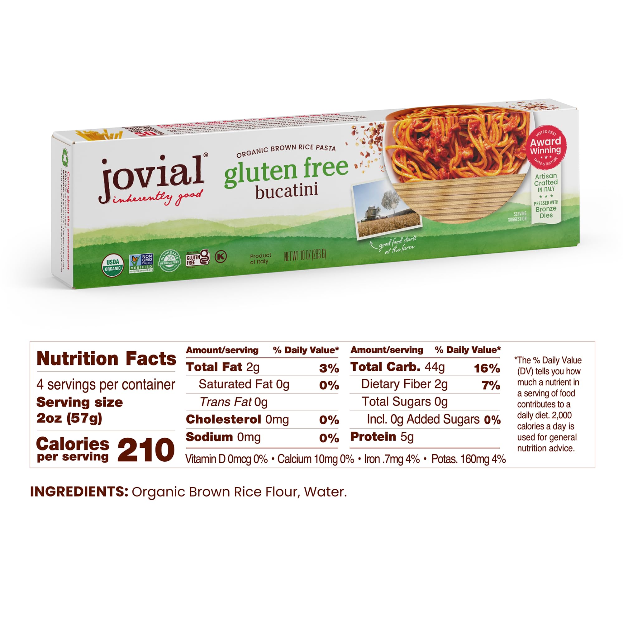 Jovial Organic Brown Rice Bucatini Pasta - Gluten Free Whole Grain Bucatini, Dairy Free, Made with 2 Ingredients, Non GMO, Artisan Crafted in Italy - 10 Oz