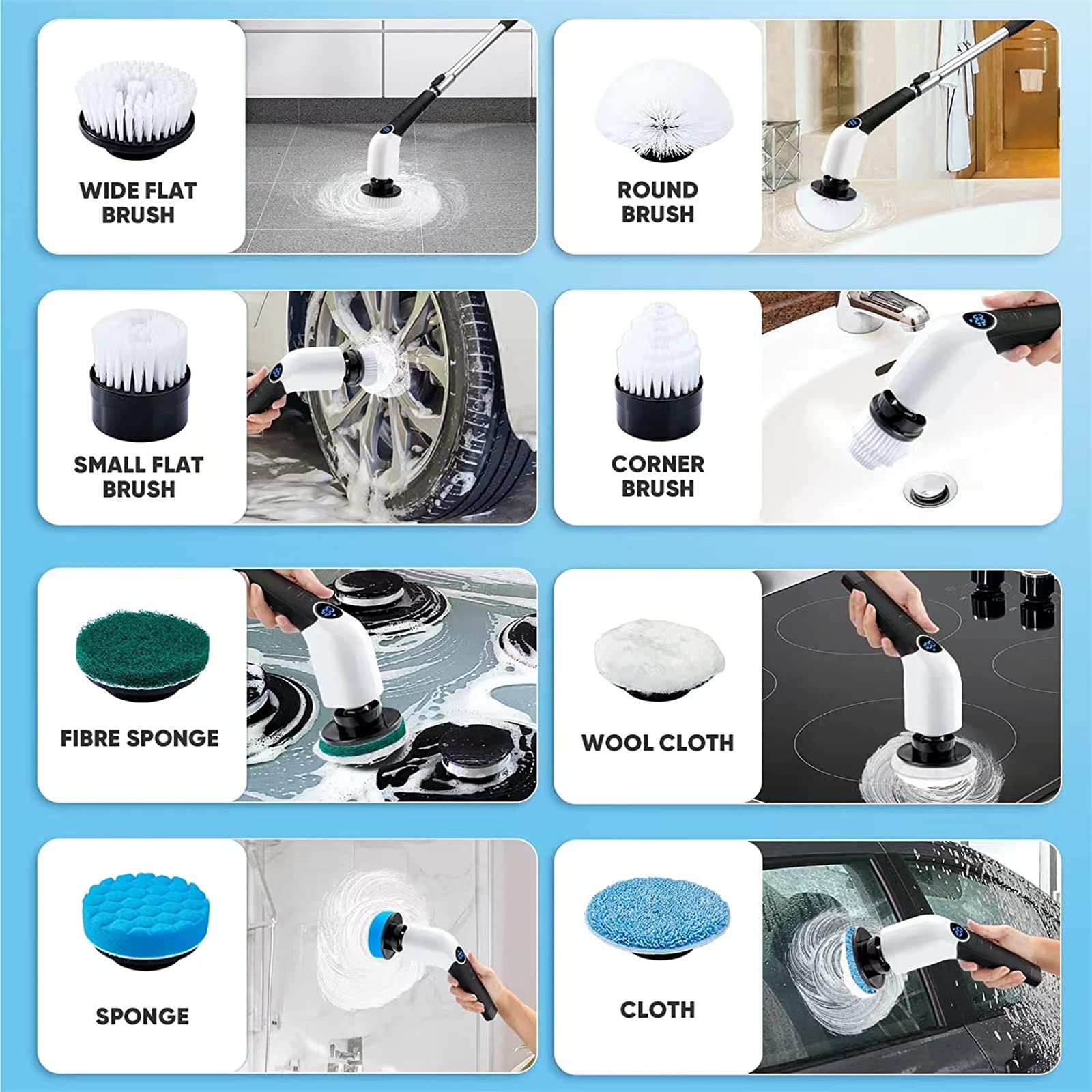Electric Spin Scrubber, 2024 New Cordless Cleaning Brush with 8 Replaceable Brush Heads, Power Shower Scrubber Long Handle, Extendable Handheld