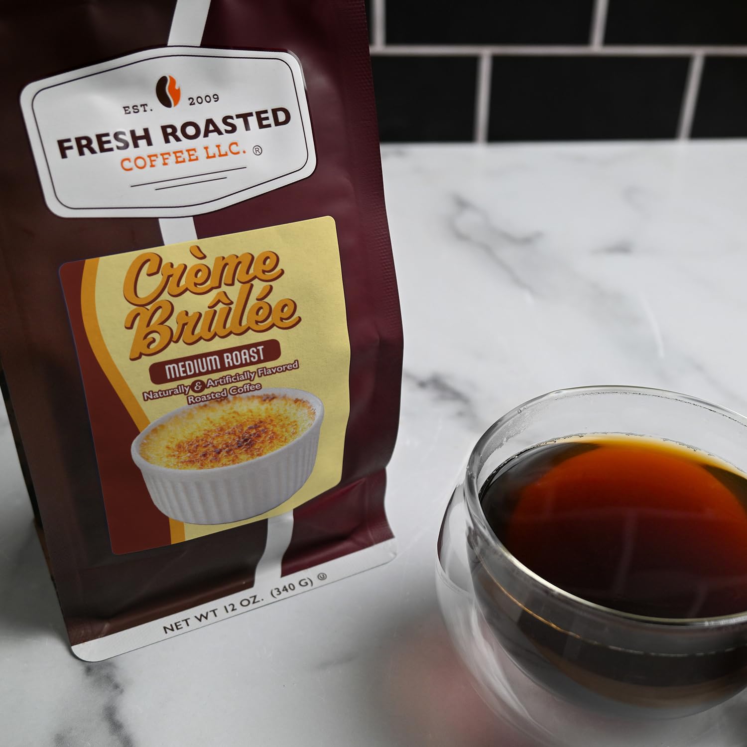 Fresh Roasted Coffee, Crème Brûlée Flavored Whole Bean Coffee, Medium Roast, Kosher, 12 oz