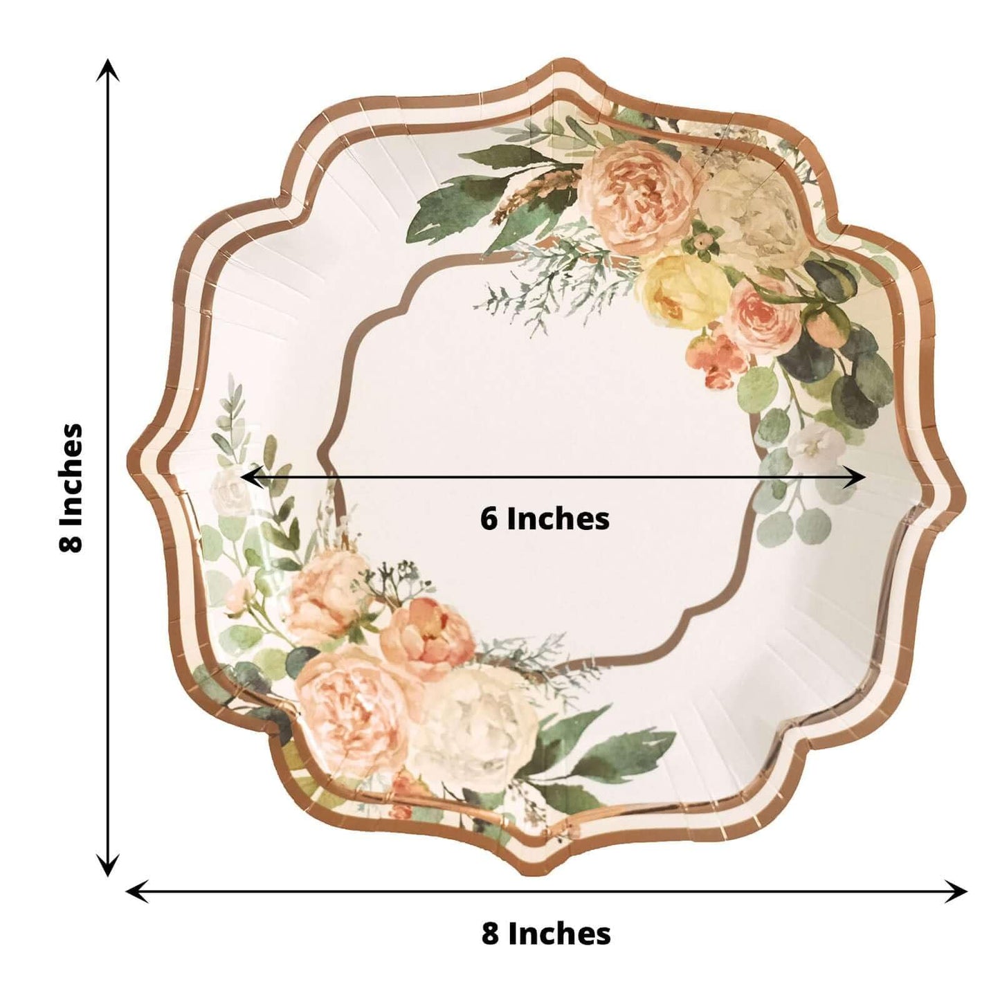 TCF Linen 50 Pack 8" White/Rose Gold Floral Print Scallop Rim Dessert Plates, Disposable Round Paper Appetizer Salad Plates 300 GSM for Party