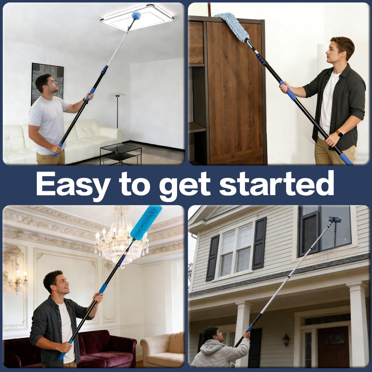 TreVark 20FT High Reach Duster Cleaning Kit with 5-12 FTExtension Pole, High Ceiling Fan Cleaner Duster Tool for Fan Blades, Extendable Reusable