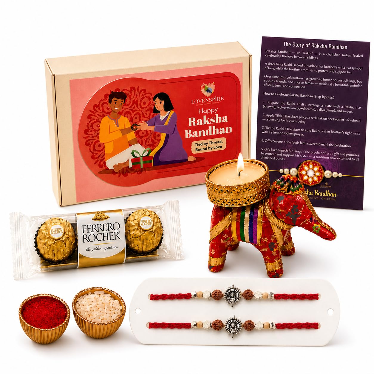 LOVENSPIRE Designer Ganesha Rakhi Gift Hamper for Brother & Bhabhi - Includes 2 Adjustable Rakhi Bracelets, Decorative Haldi Kumkum Holder