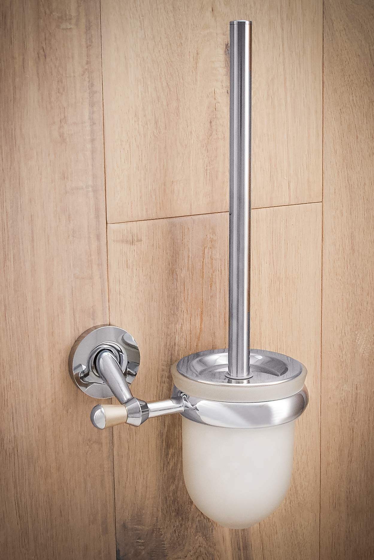 URBN.design - Nolde Series - Contemporary Toilet Brush and Wall-Mounted Removable Drip Cup Holder, Polished Chrome with Dark Silver Finish and Frosted