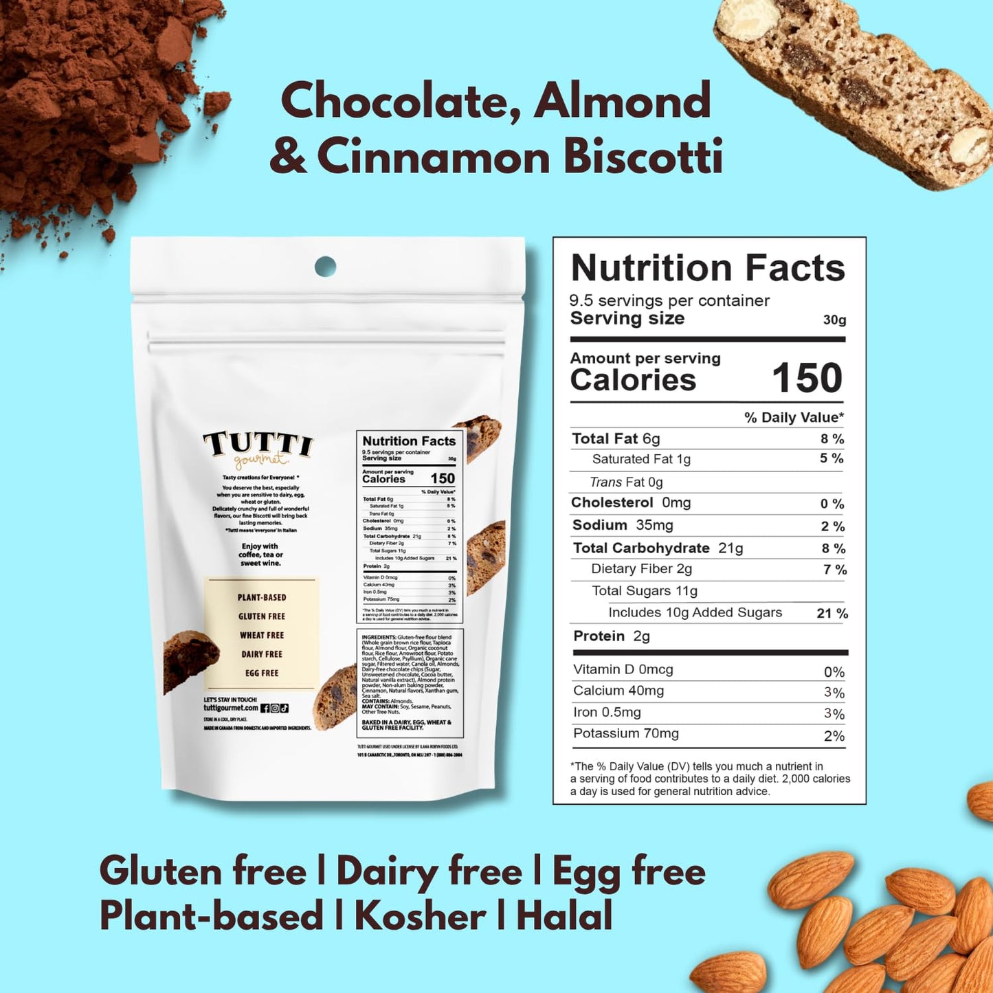 Tutti Gourmet Gluten Free Chocolate, Almond & Cinnamon Biscotti, 9.9 oz (283g) Resealable Cookie Bag - Vegan and Halal Snacks