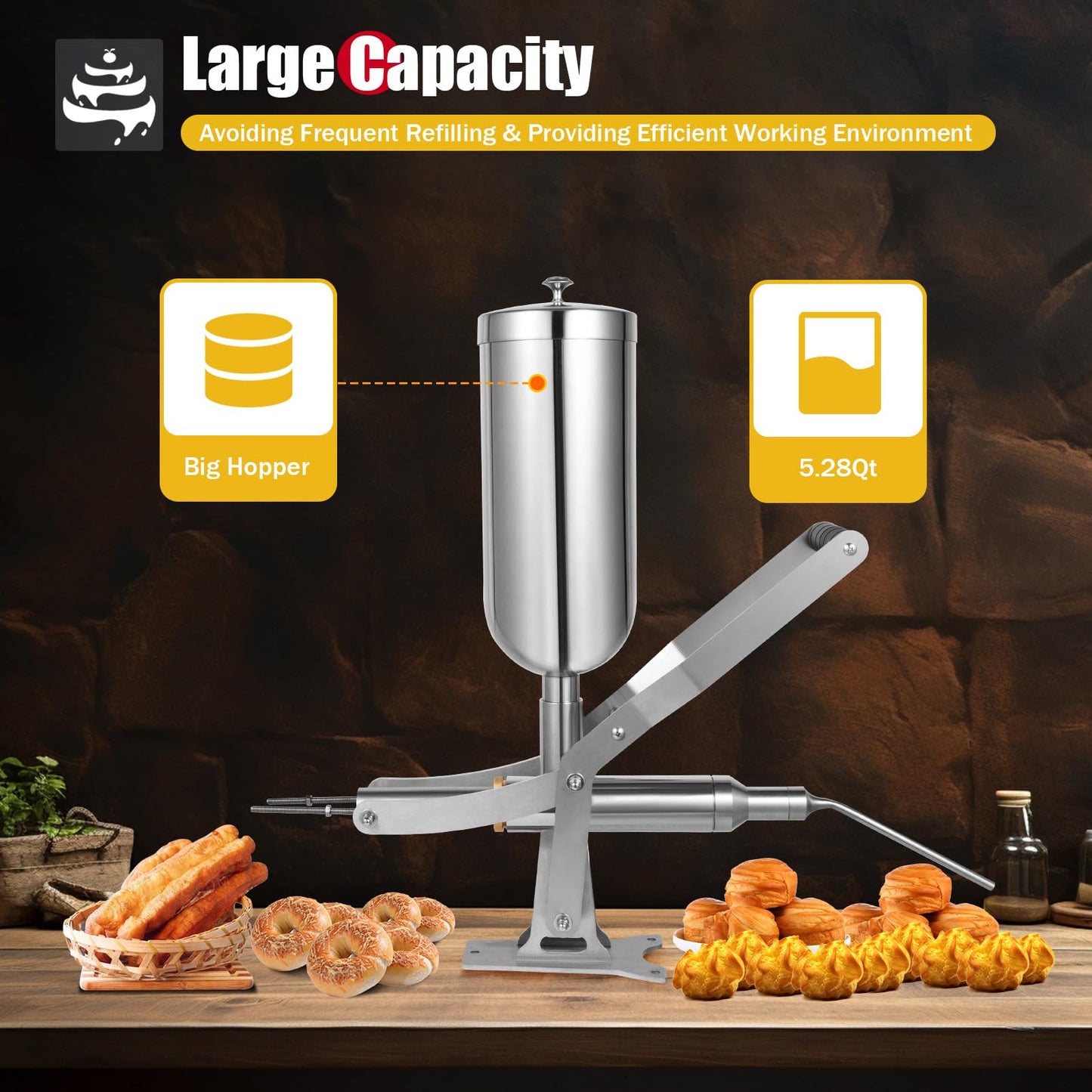 Donut-Filling Machine, 5L Manual Filling Machine Cream Jam Filling Machine, Stainless Steel Donut Churro Filler with 4 Anti-Drip Filling Nozzles