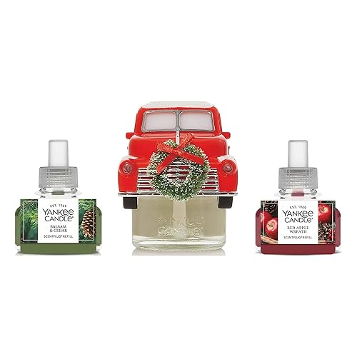 Yankee Candle Christmas Cabin Collection- Scent Plug Diffuser Holiday Truck with Light Sensor, Scent Plug Refill Red Apple Wreath and Balsam & Cedar