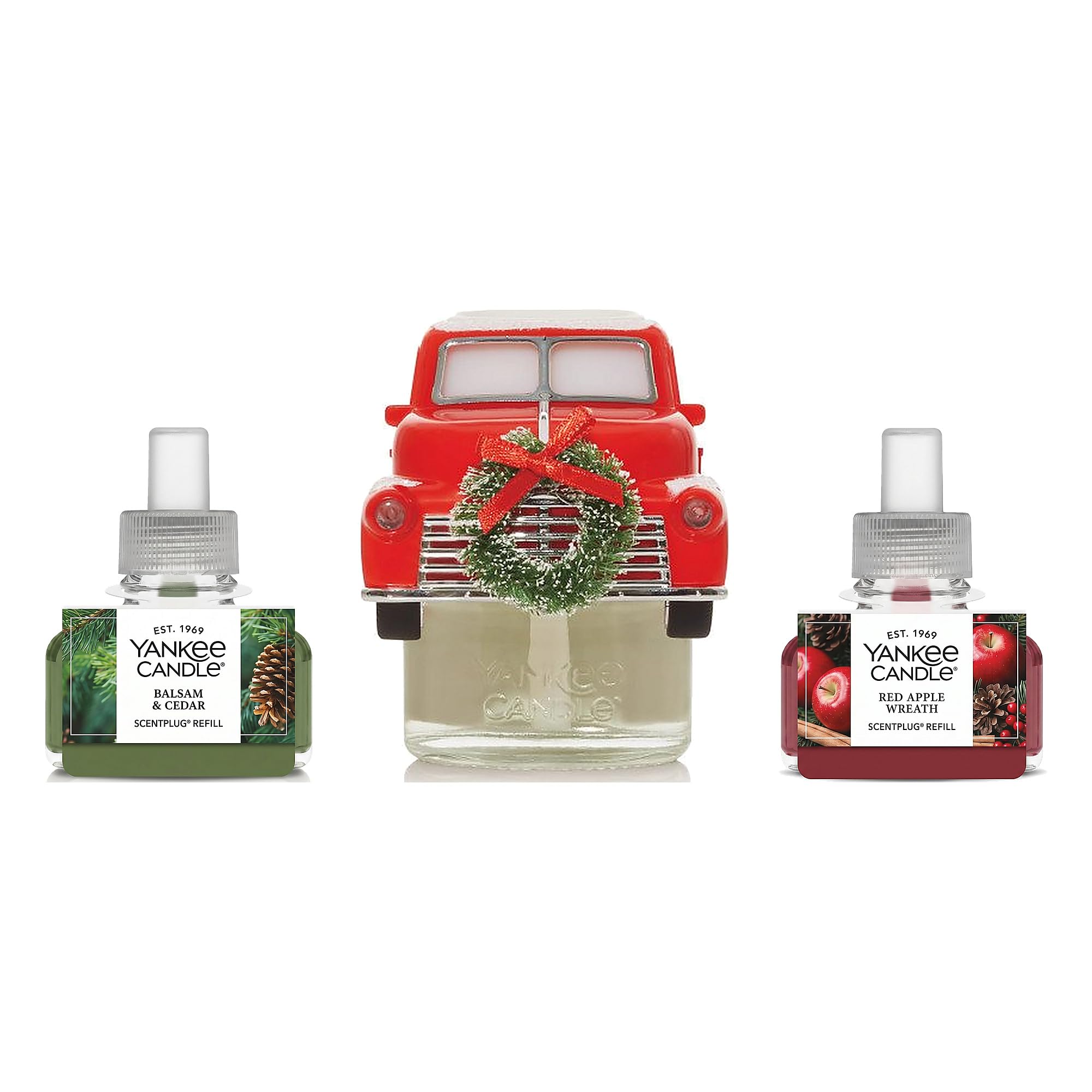 Yankee Candle Christmas Cabin Collection- Scent Plug Diffuser Holiday Truck with Light Sensor, Scent Plug Refill Red Apple Wreath and Balsam & Cedar